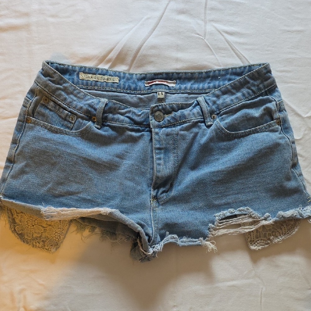 Hot Kiss Denim Shorts with Lace Accents